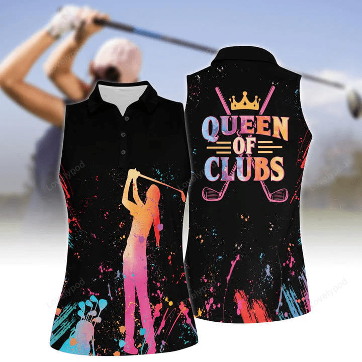 Queen of clubs golf sleeveless polo shirt, ink splash multicolor shirt, gift for her GY0001