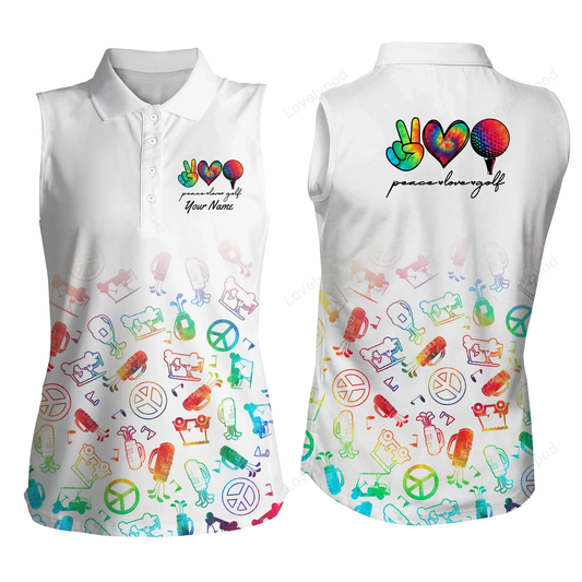 Custom watercolor peace love golf women's sleeveless polo shirts, personalized golf shirt for women GY0019