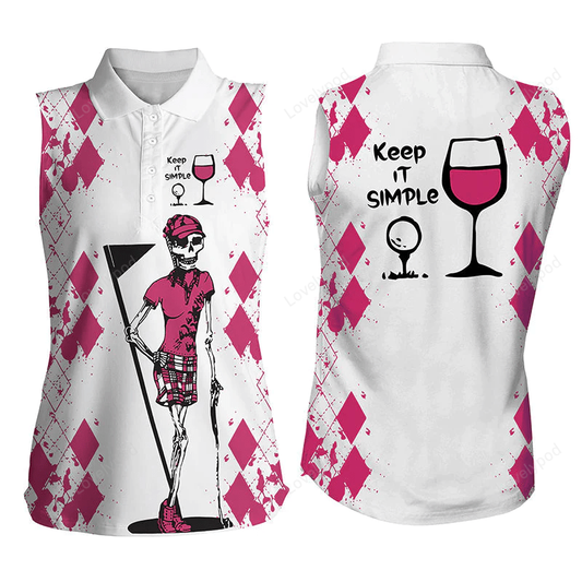 White pink women golf shirt skull keep it simple golf & wine women's sleeveless golf polo shirt GY0027