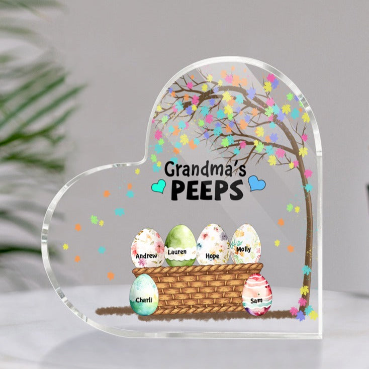 Personalized Heart Shaped Acrylic Plaque - Grandma's Peeps, Gift for Grandma, Easter Day, Cute Eggs MI0504