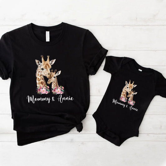 Giraffe And Flower Matching Shirt For Mom And Baby, Giraffe Matching Set For Mother And Baby From Husband, New Mom Gift 2023 MI0236