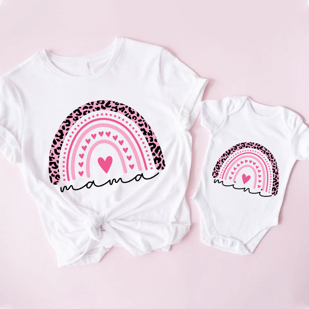 Pink Leopard Rainbow Custom Name Matching T shirt Onesie For Mom And Baby, Mother And Baby Leopard Rainbow Matching Set, Gift For First Mom MI0250