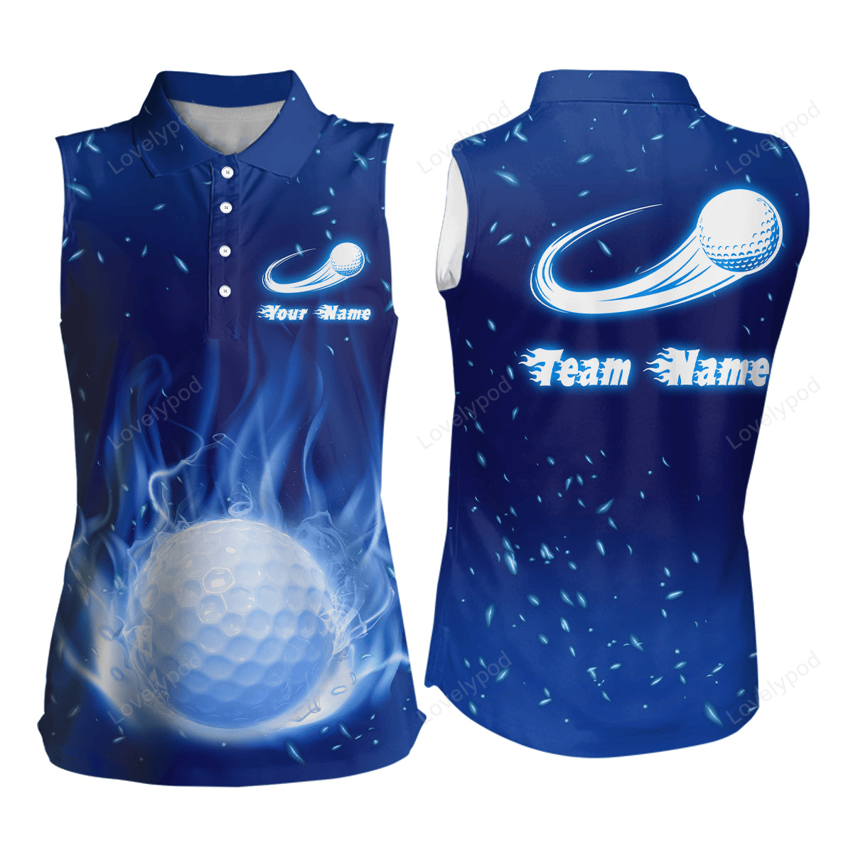 Blue fire flame golf ball women's sleeveless polo shirt custom women golf tops personalized golf gifts GY0092