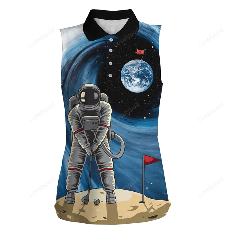 Funny astronaut golfing women sleeveless polos shirt female golf attire for ladies, golfer gifts GY0095