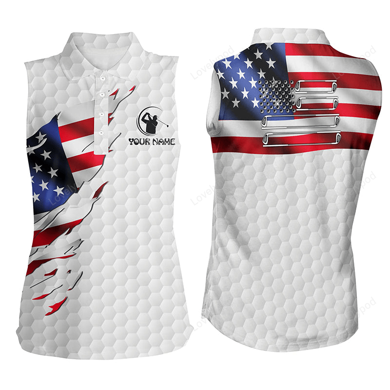 Womens sleeveless polos shirt custom american flag white golf ball skin patriotic golf shirt for women GY0098