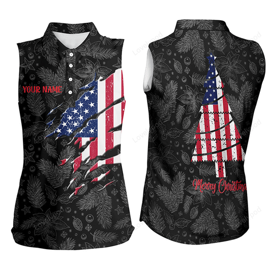 American flag christmas sleeveless polo shirt custom retro patriotic golf shirts for women golf gifts GY0099