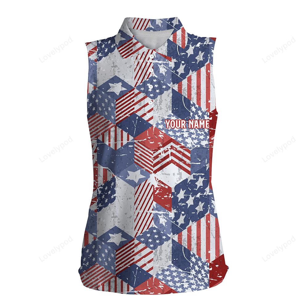 Watercolor american flag women sleeveless polo shirt 3d isometric cube patriotic golf shirt for women GY0100