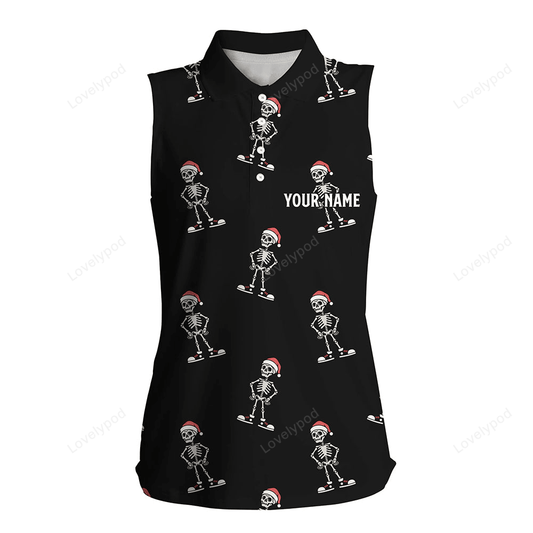 Cartoon skeleton with santa hat christmas women's sleeveless polo shirts skull golf shirts for women GY0102