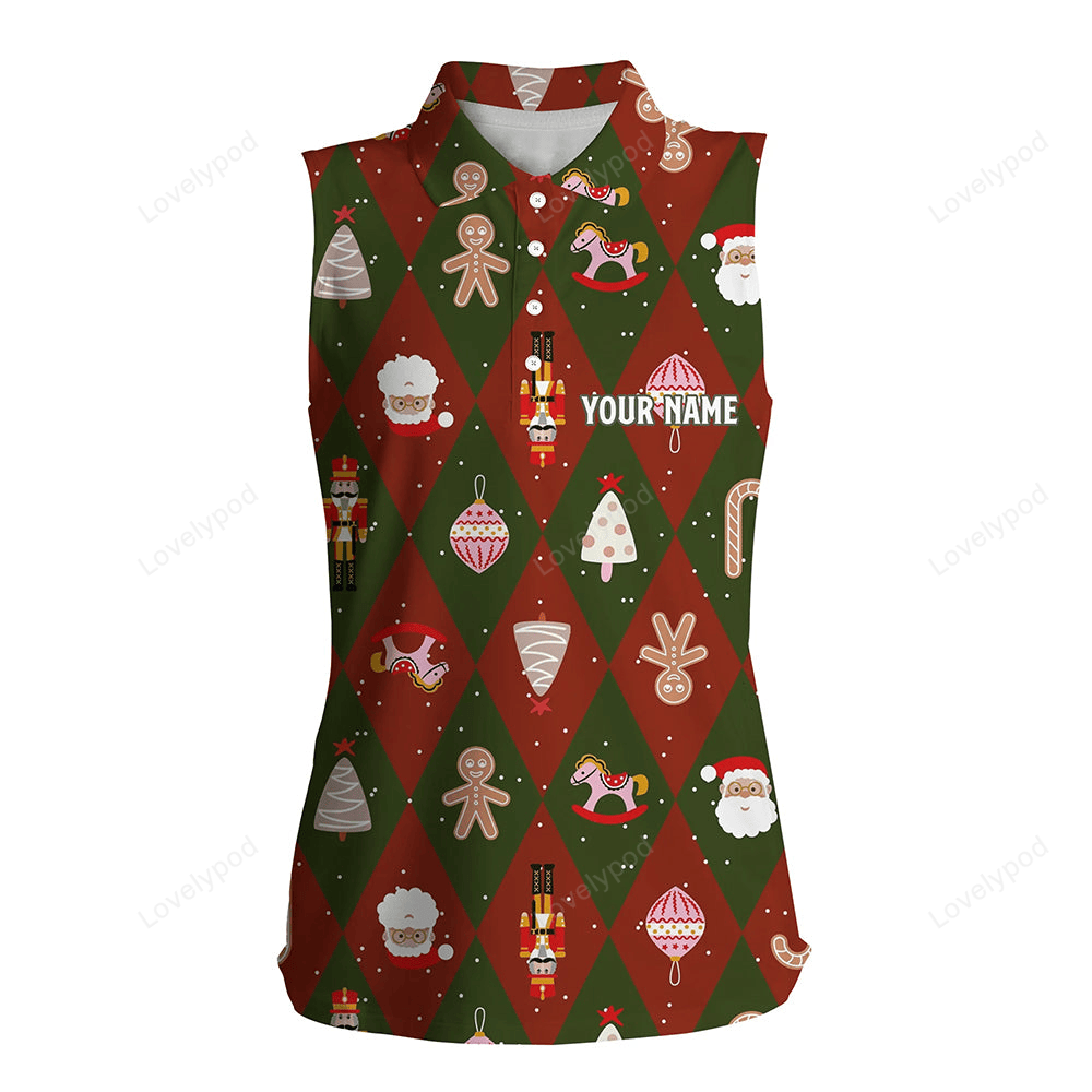 Festive christmas icons womens sleeveless polo shirt red green argyle golf shirts for women golf gift GY0103