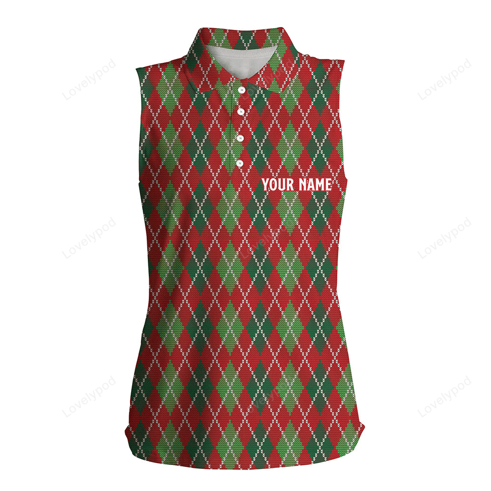 Christmas argyle knitted womens sleeveless polo shirt red green all over print golf shirt for women GY0104