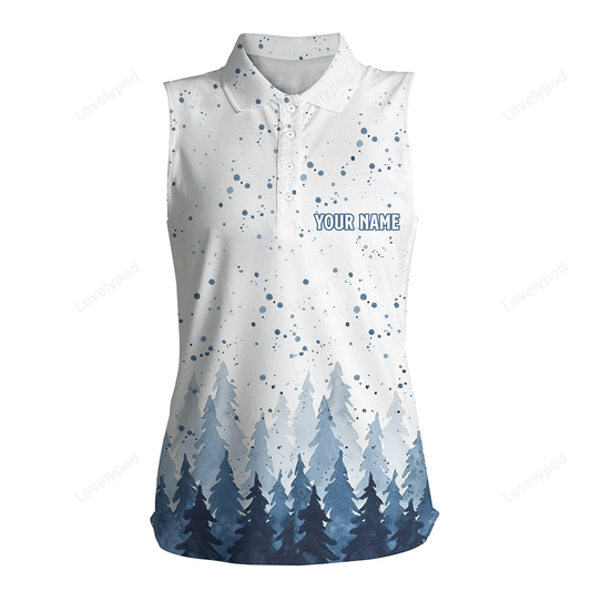 Watercolor blue christmas trees & snowfall women's sleeveless polo shirt winter golf shirts for women GY0107