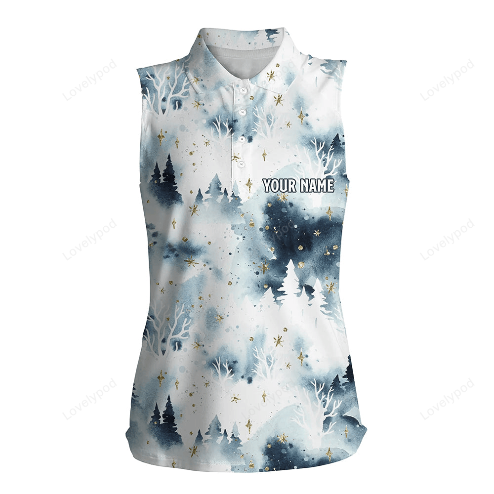 Watercolor winter forest christmas trees women's sleeveless polo shirt christmas golf shirts for women GY0108