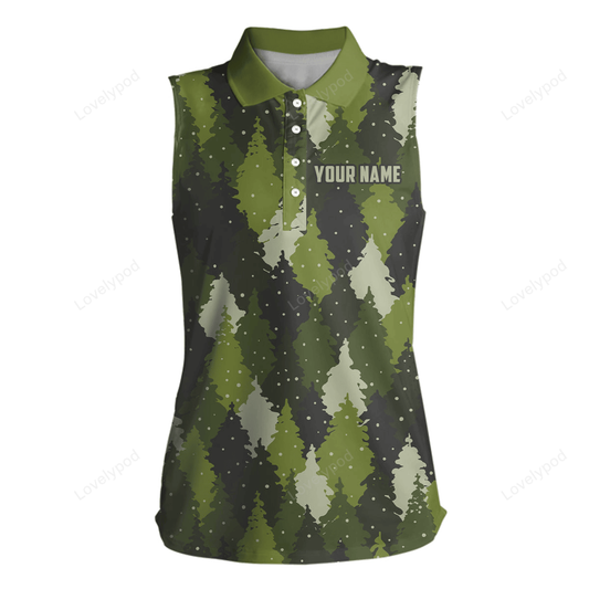 Womens sleeveless polos shirt custom green trees camouflage christmas golf shirt for ladies, golf gift GY0109