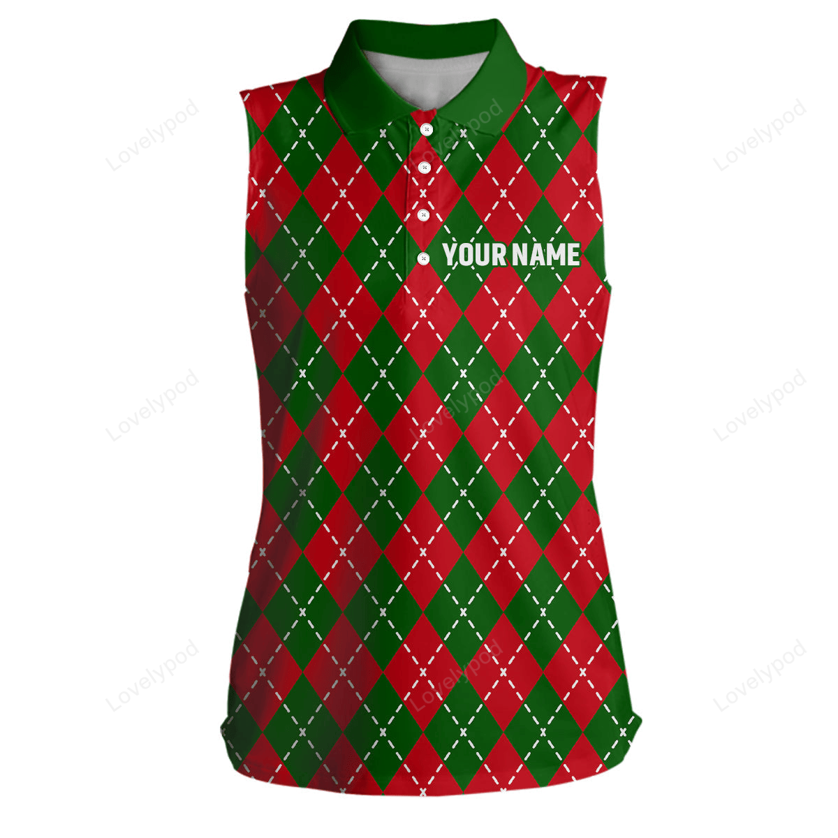 Women sleeveless polo shirts custom green red christmas plaid pattern shirt for ladies, golf gifts GY0114