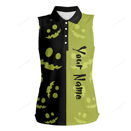 Black and lime green halloween pumpkin womens sleeveless polo shirt custom team golf jersey for ladies GY0116