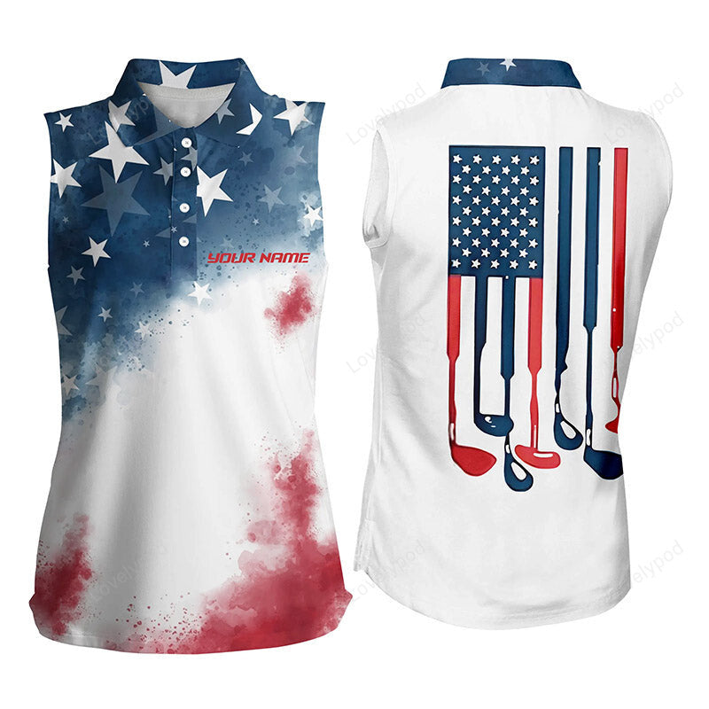 Watercolor american flag women sleeveless polo shirt, patriotic usa golf shirts for women golf gifts GY0145