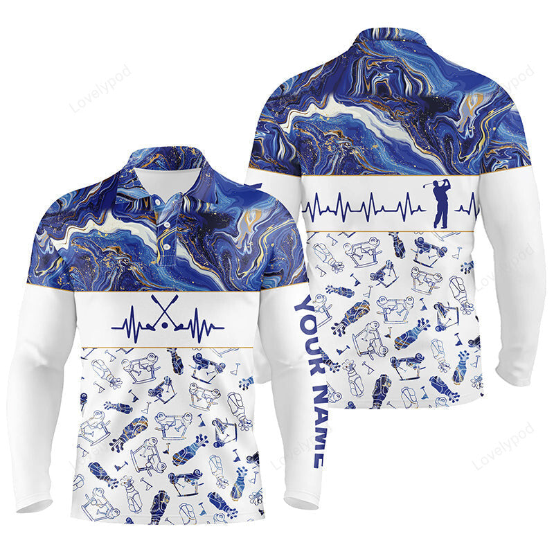 Blue seamless men golf long sleeve polo shirt, personalized heartbeat golf shirts for men GY0146