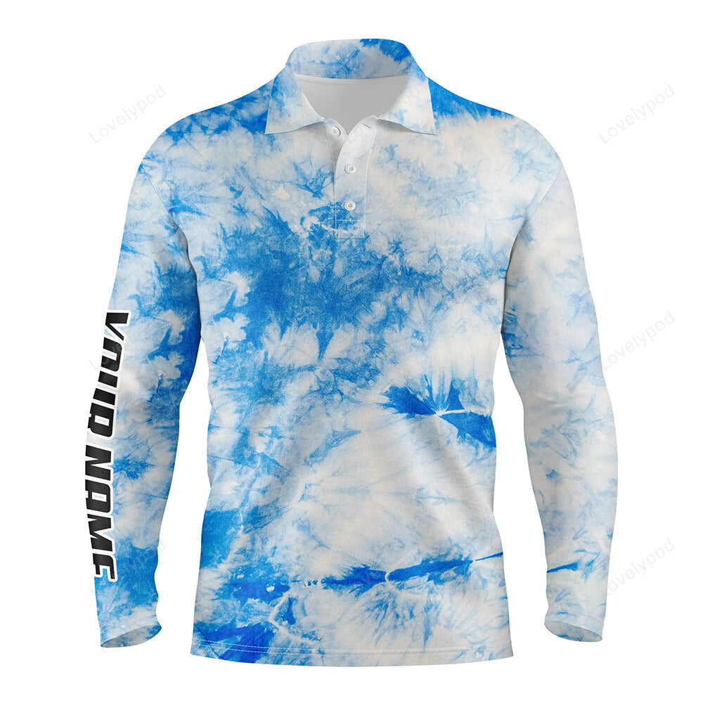 Men golf long sleeve polo shirts, blue tie dye pattern custom pattern golf shirt for men GY0150