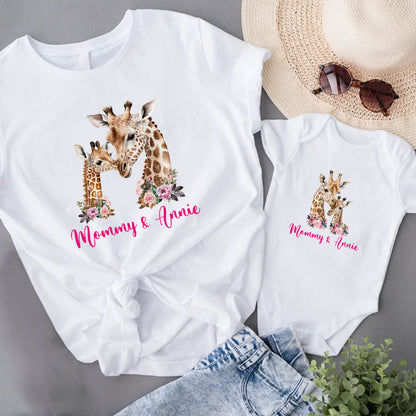 Giraffe Tshirt And Onesie for Mom And Baby Set, Mom And Daughter Matching Outfit With Cute Giraffe Custom Name, First Mom 2023 Gift MI0237