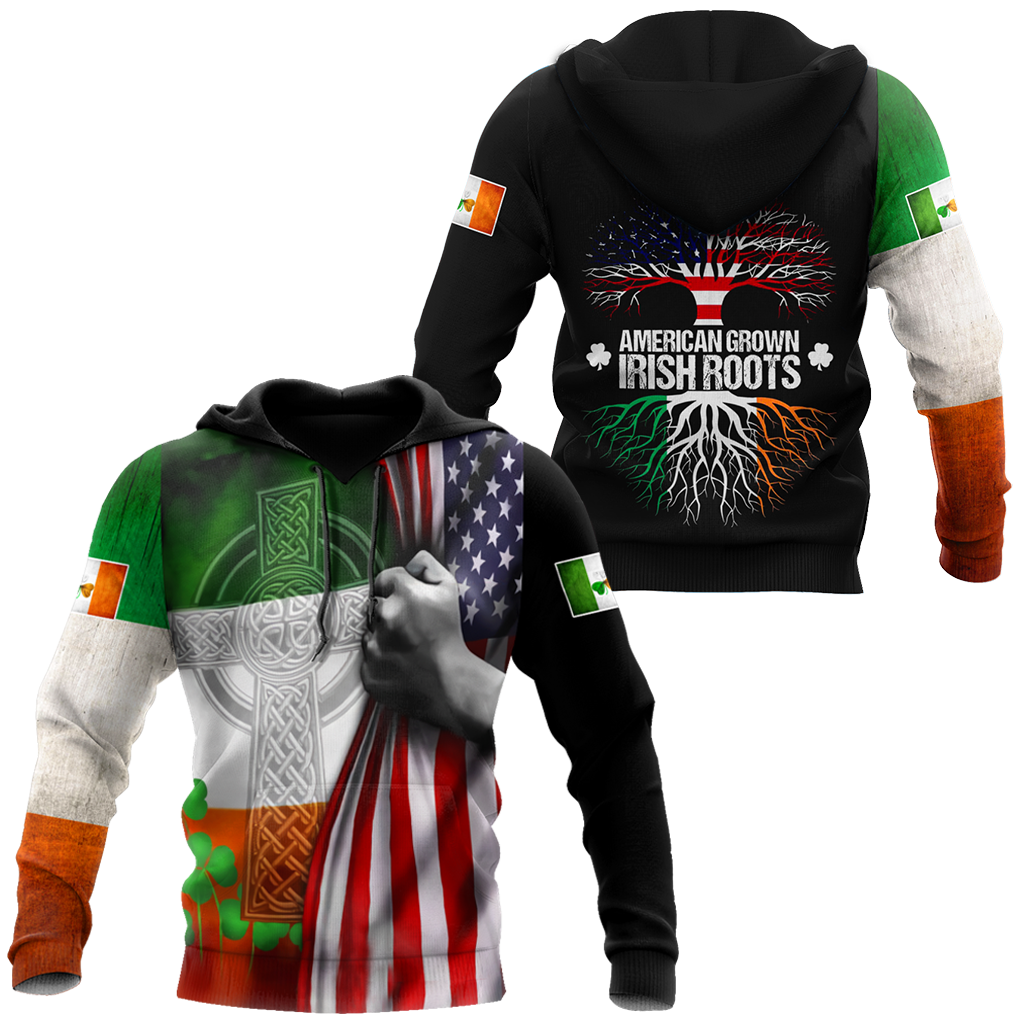 3D Print American Grown Irish Roots Tree Flag Saint Patrick's Day Shirt, Irish Shirt, USA Flag Shirt PO0294