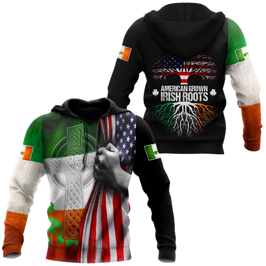 3D Print American Grown Irish Roots Tree Flag Saint Patrick's Day Shirt, Irish Shirt, USA Flag Shirt PO0294