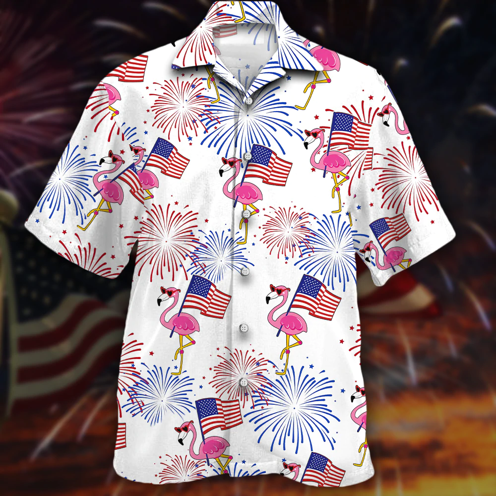 Flamingo Hawaiian Shirt For Independence Day, Usa Flag With Flamingo Patriotic Hawaii Aloha Shirt Short Sleeve HO5005