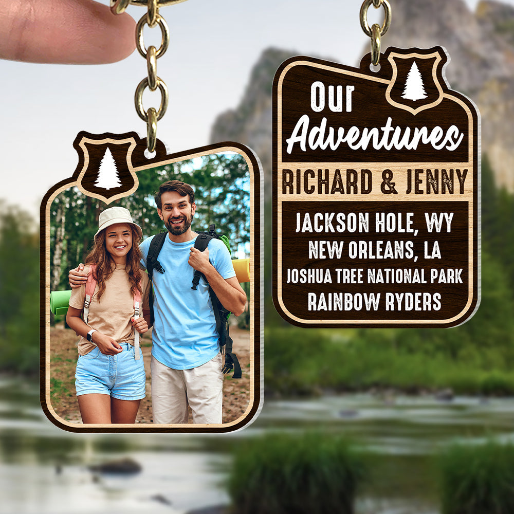 Our Adventures, Custom Camping Couple Photo Wooden Keychain, Gift For Couple, Valentine's Gifts KO0006