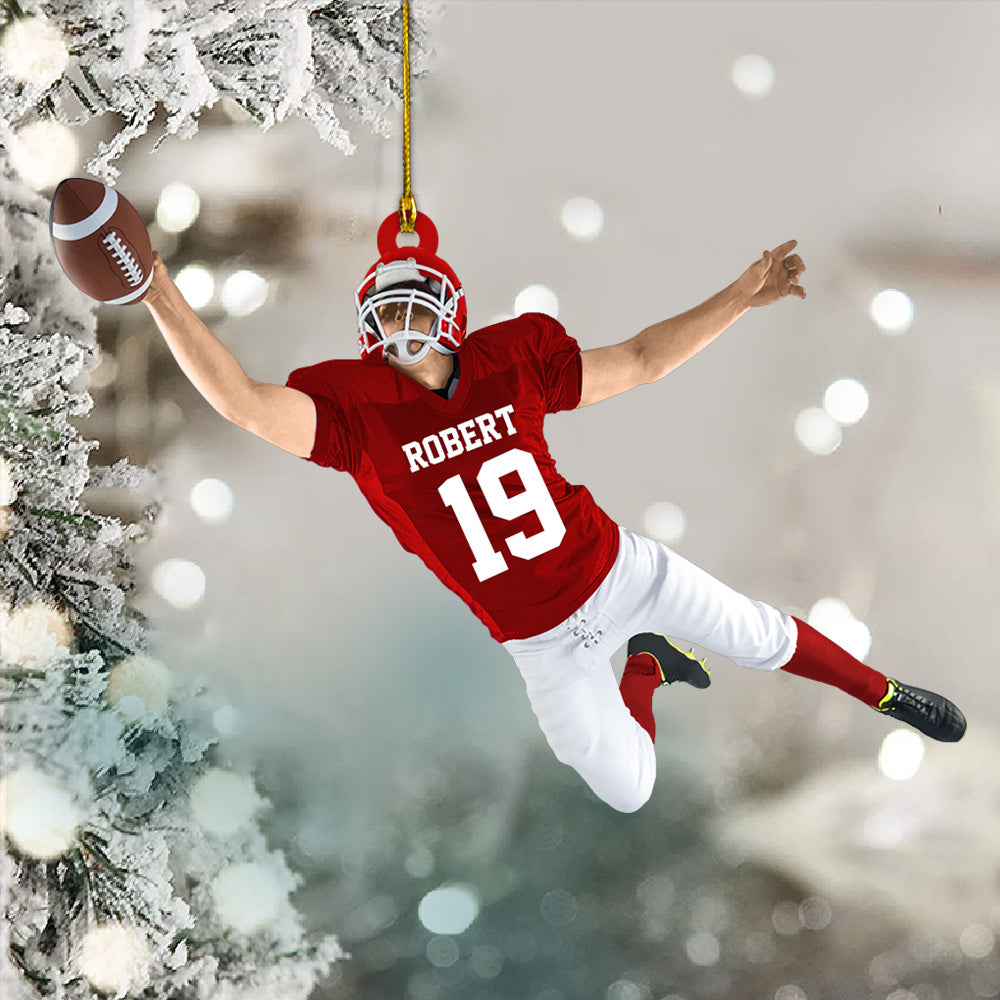 Personalized American Football Jumping With Ball Christmas Ornament for Football Mom Football Player Family Member MI0120