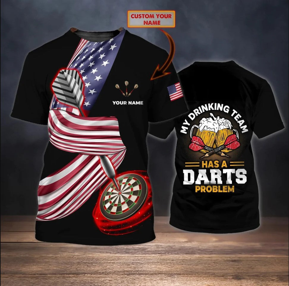 Lasfour Customized 3D Drinking Beer Team Dart Shirt, Dart T shirt, Gift For Dart Lover American Flag Pattern DMA0469