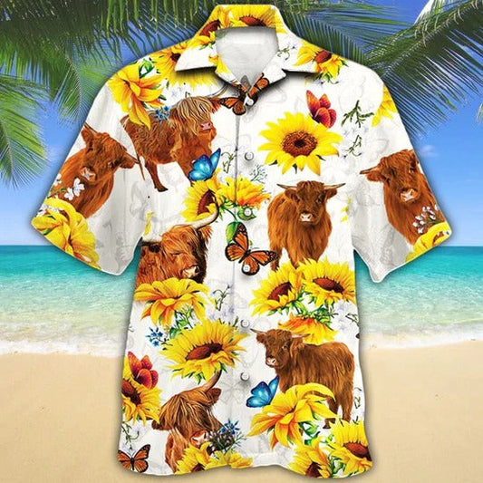 Highland Cattle Lovers Sun Flower Hawaiian Shirt, Unisex Print Aloha Short Sleeve Casual Shirt HO5057