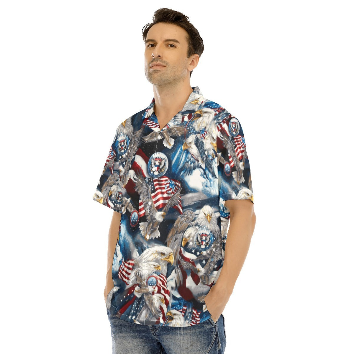 Hawaiian Camp Collar Short Sleeve Button-Down Shirt Eagles Americana, Independence Day Hawaii Shirt HO4966