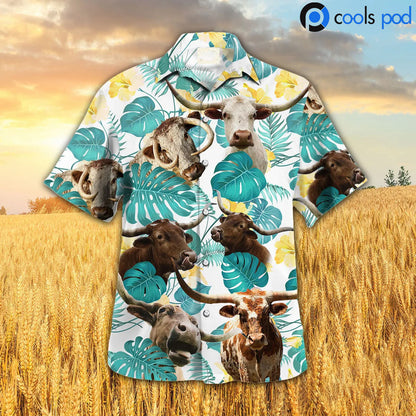 Texas Longhorn In Tropical Leaves Pattern Hawaiian Shirt HO4703