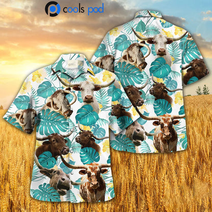 Texas Longhorn In Tropical Leaves Pattern Hawaiian Shirt HO4703