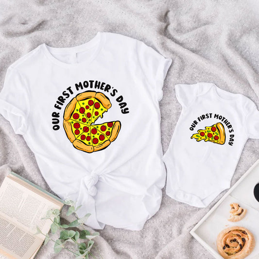 Our first Mother's day with Pizza and Pizza Slice in T shirt Onesie Toddler For Mom and Baby Kids Custom Name, Gift for First Mom MI0256