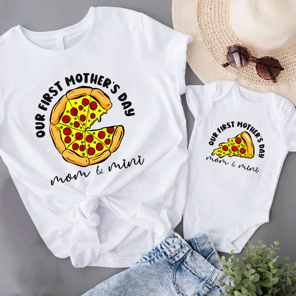 Our First Mothers Day Matching Set Pizza Pizza Slice Custom Name For Mom and Baby, Gift For New Mom From Dad Husband To Wife And Baby MI0257