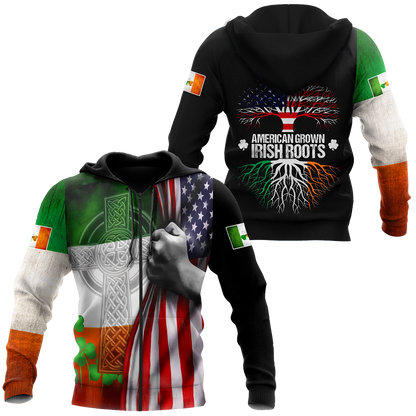 3D Print American Grown Irish Roots Tree Flag Saint Patrick's Day Shirt, Irish Shirt, USA Flag Shirt PO0294