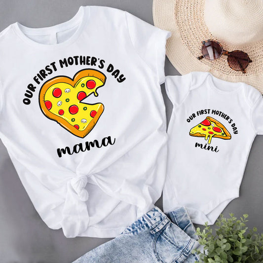 Our First Mother's Day Pizza and Pizza Slice Mom and Baby Matching Clothing Custom Name, Shirt Bodysuit Newborn outfit, Gift for New Mom First Mom MI0265