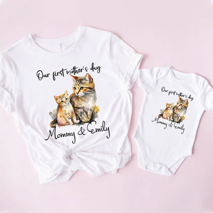 Mom and Baby Cute Cat Matching clothing Our first Mother's Day Shirt Bodysuit Custom Name, New Mom gift from Husband MI0267