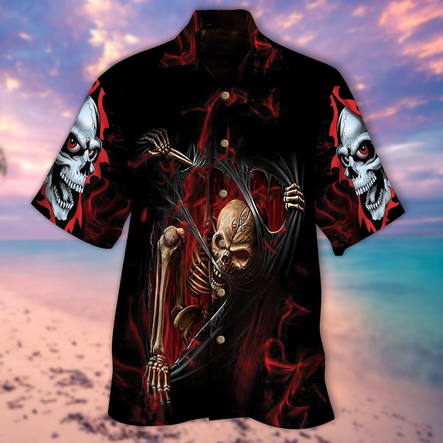 Skeleton Ripped Hawaiian Shirt Red Smoke Skulls Pattern HO0390