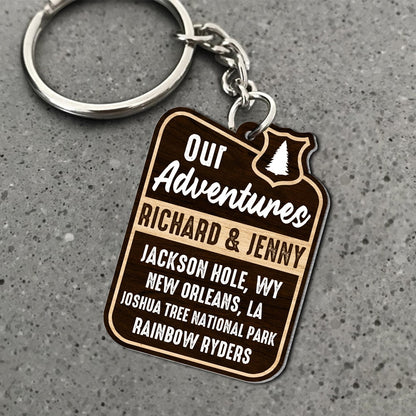 Our Adventures, Custom Camping Couple Photo Wooden Keychain, Gift For Couple, Valentine's Gifts KO0006