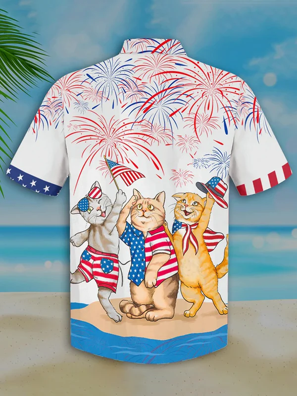 Men's 4th of july Cat hawaiian shirt - Independence Day hawaiian shirt, USA Patriotic Hawaiian Shirt HO0714