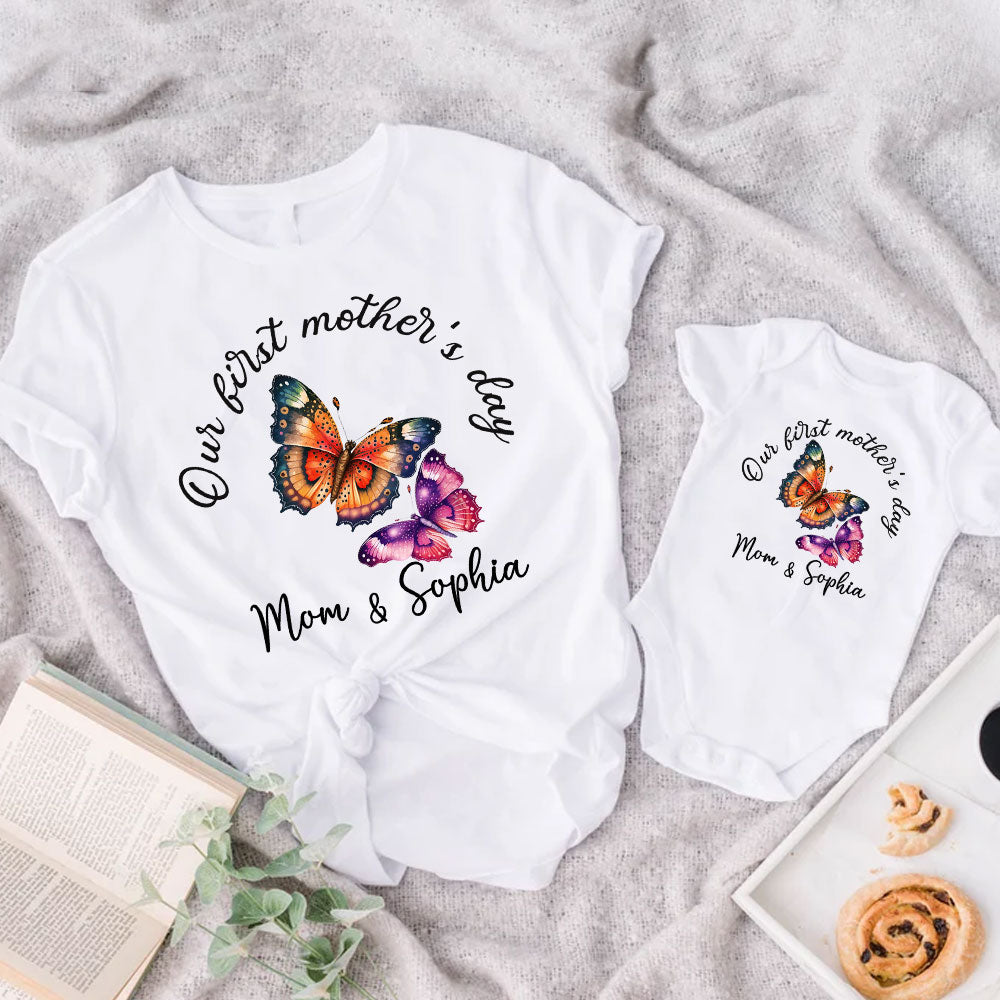 Personalized Beautiful Butterfly Mother And Daughter Matching Set In First Mother Day 2023 Custom Name, Butterfly Shirt Bodysuit Toddler For Mom And Me MI0273