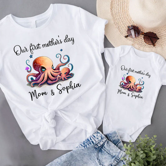 Personalized Octopus Matching set for Mom and Baby Our First Mother's day Custom Name Mom and Baby, Gift For New Mom, First Mom, Octopus Lover MI0274