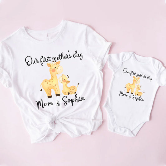 Personalized Giraffe Matching Outfit Custom Name for Mom and Baby Our First Mother's day Custom Name Mom and Baby, Gift For New Mom, First Mom, Giraffe Lover MI0275