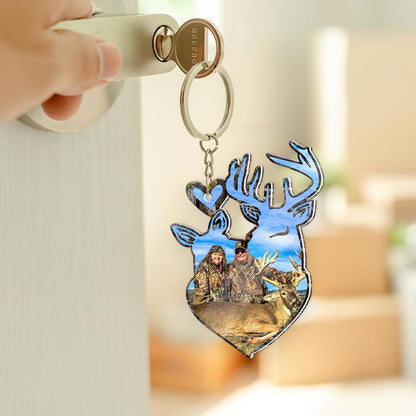 Custom Deer Hunter Couple Photo Personalized Keychain, Gift For Hunting Lover KO0016