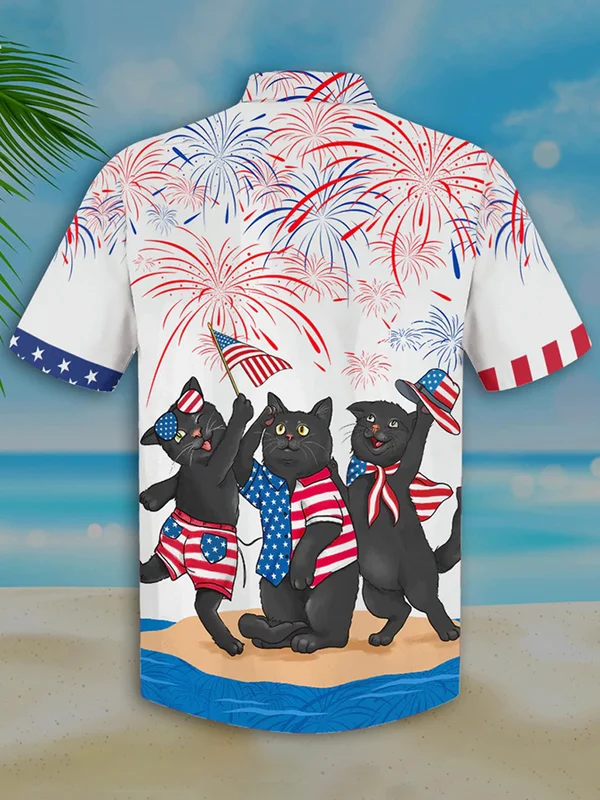 Men's Independence Day Is Coming Cat Print Casual Hawaiian Shirt, USA Patriotic Hawaiian Shirt HO0727