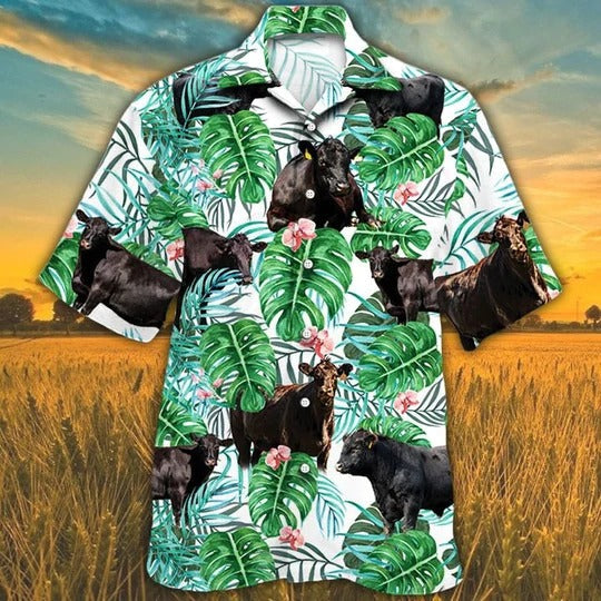 Black Angus Cattle Lovers Tropical Plant Hawaiian Shirt, Unisex Print Aloha Short Sleeve Casual Shirt HO5070