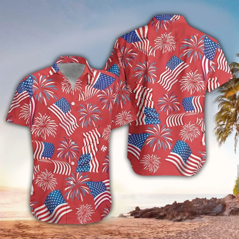 Truck And Firework Pattern Hawaiian Shirt For Men Women - 4th Of July Button Down Aloha Shirt HO1439