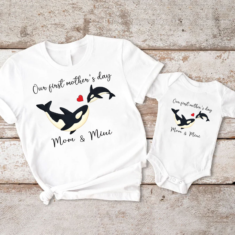 Mom And Baby Orca Matching Shirt Bodysuit Custom Nam Our First Mother's day Matching Set For Mom and Baby Daughter Son Newborn MI0281