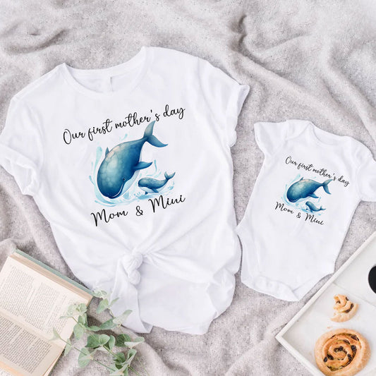 Cute Blue Whale Mom And Baby Matching Outfit In First Mother's Day Custom Name Mom and Baby Shirt Bodysuit Onesie MI0282